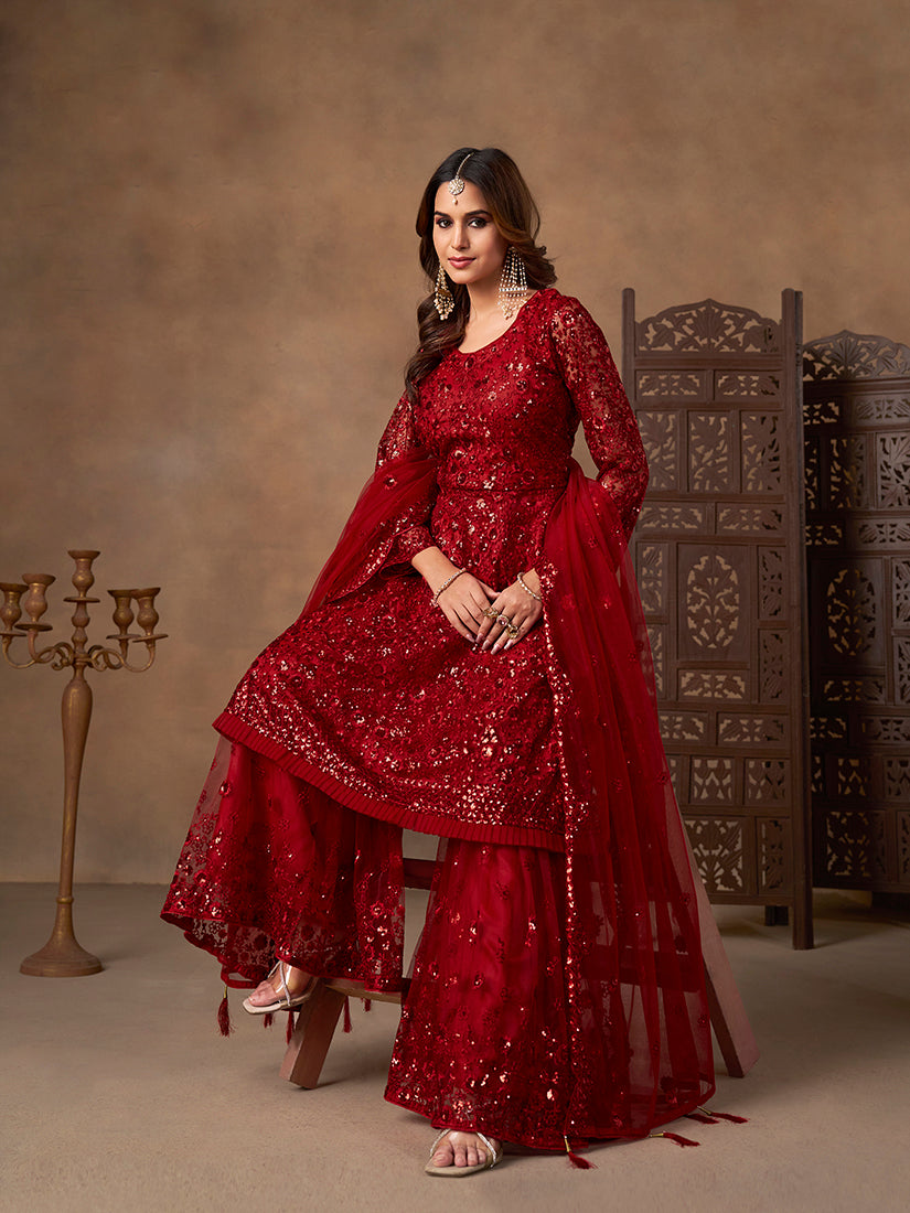 Red embroidered net palazzo suit - Monjolika Fashion
