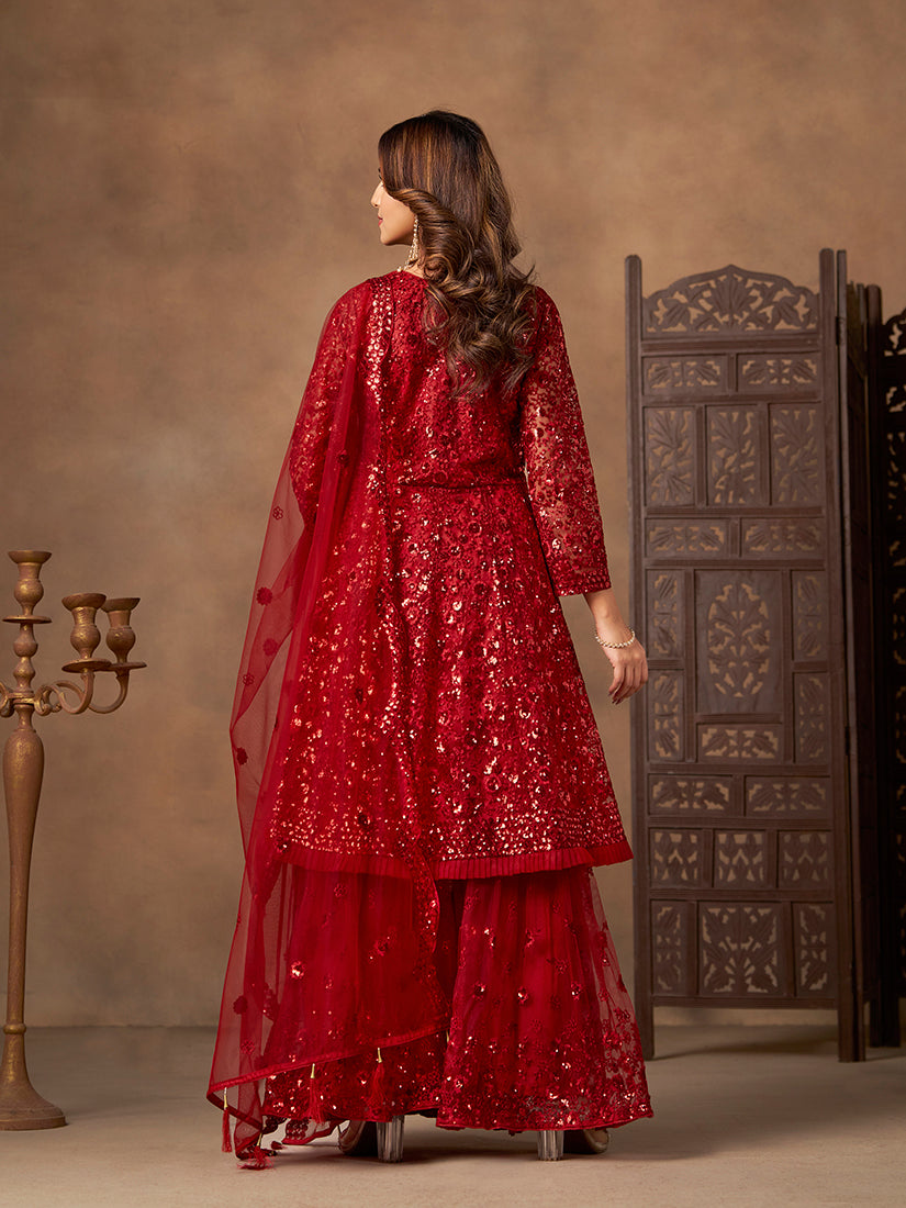 Red embroidered net palazzo suit - Monjolika Fashion
