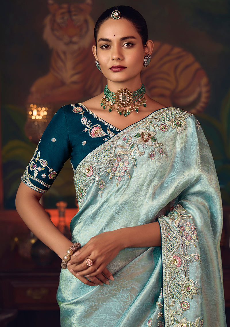 Sky Blue Zari Woven Silk Blend Embroidered Saree - Monjolika Fashion