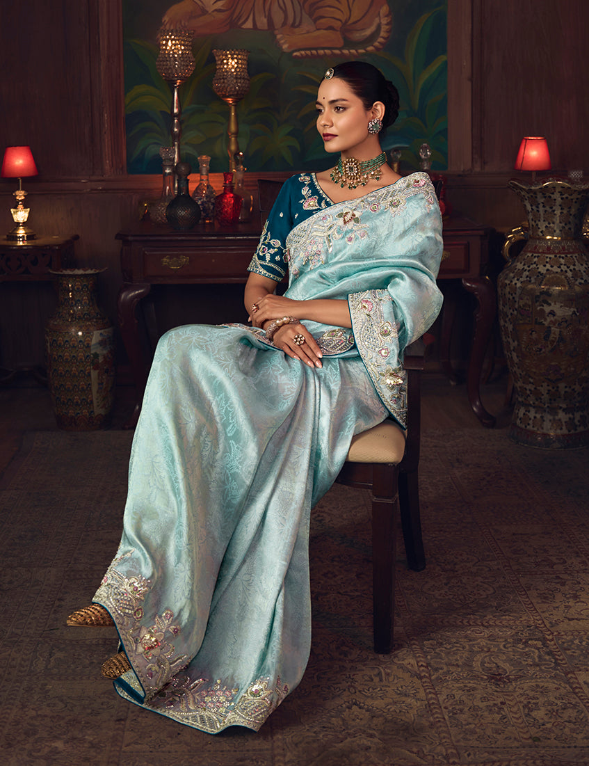 Sky Blue Zari Woven Silk Blend Embroidered Saree - Monjolika Fashion