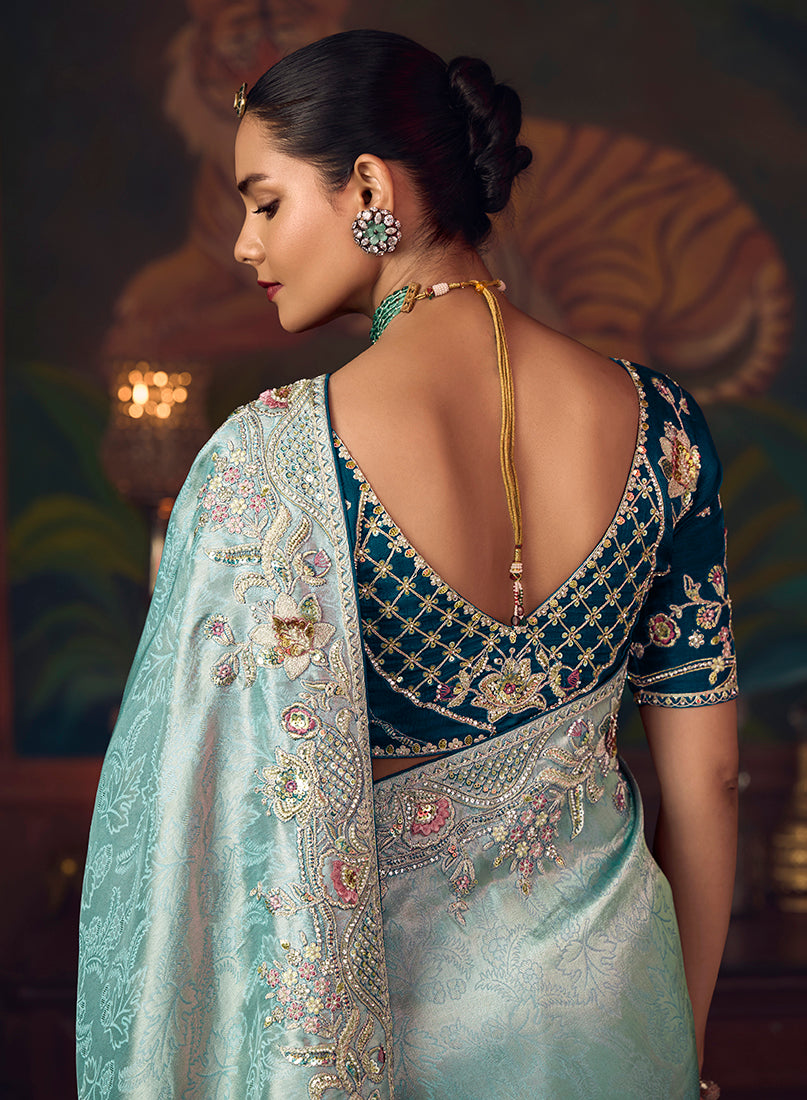 Sky Blue Zari Woven Silk Blend Embroidered Saree - Monjolika Fashion