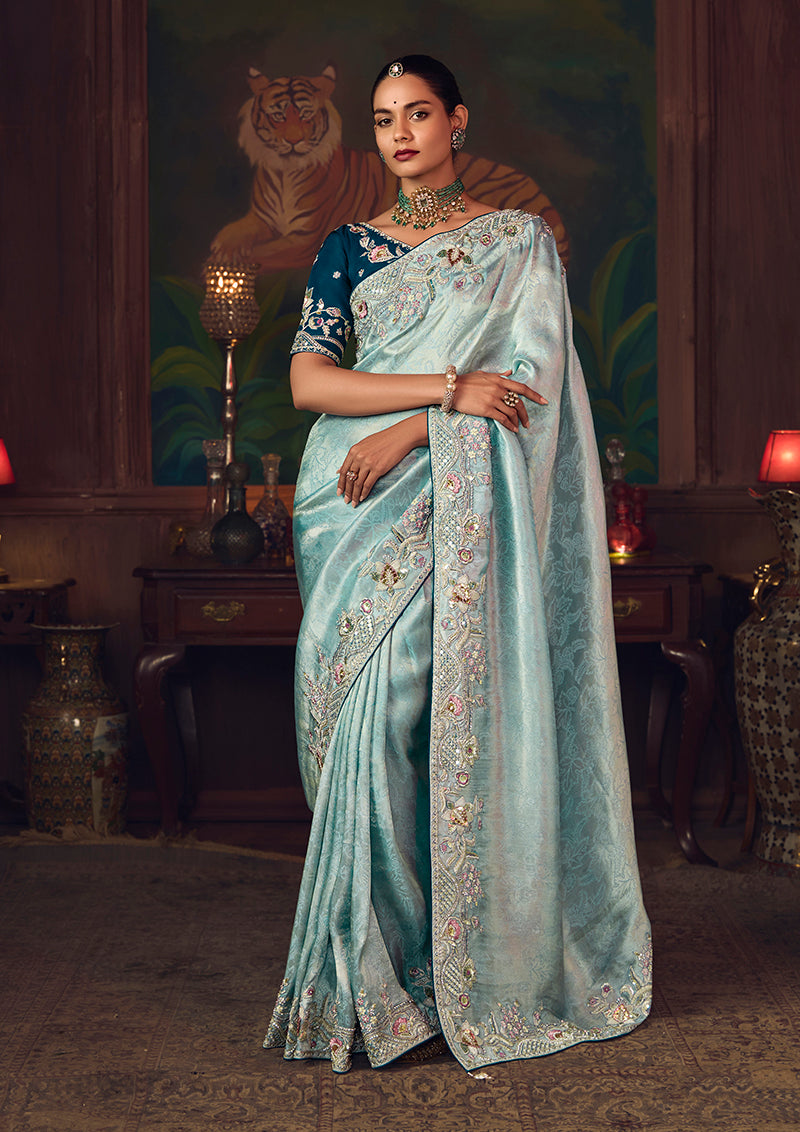 Sky Blue Zari Woven Silk Blend Embroidered Saree - Monjolika Fashion