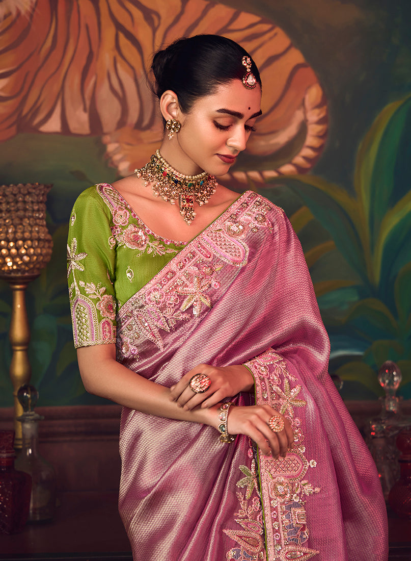 Onion Pink Zari Woven Silk Blend Embroidered Saree For Wedding Wear - Monjolika Fashion