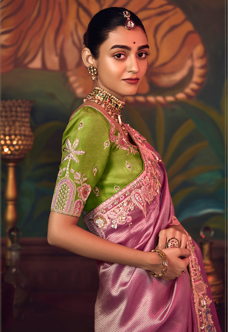 Onion Pink Zari Woven Silk Blend Embroidered Saree For Wedding Wear - Monjolika Fashion