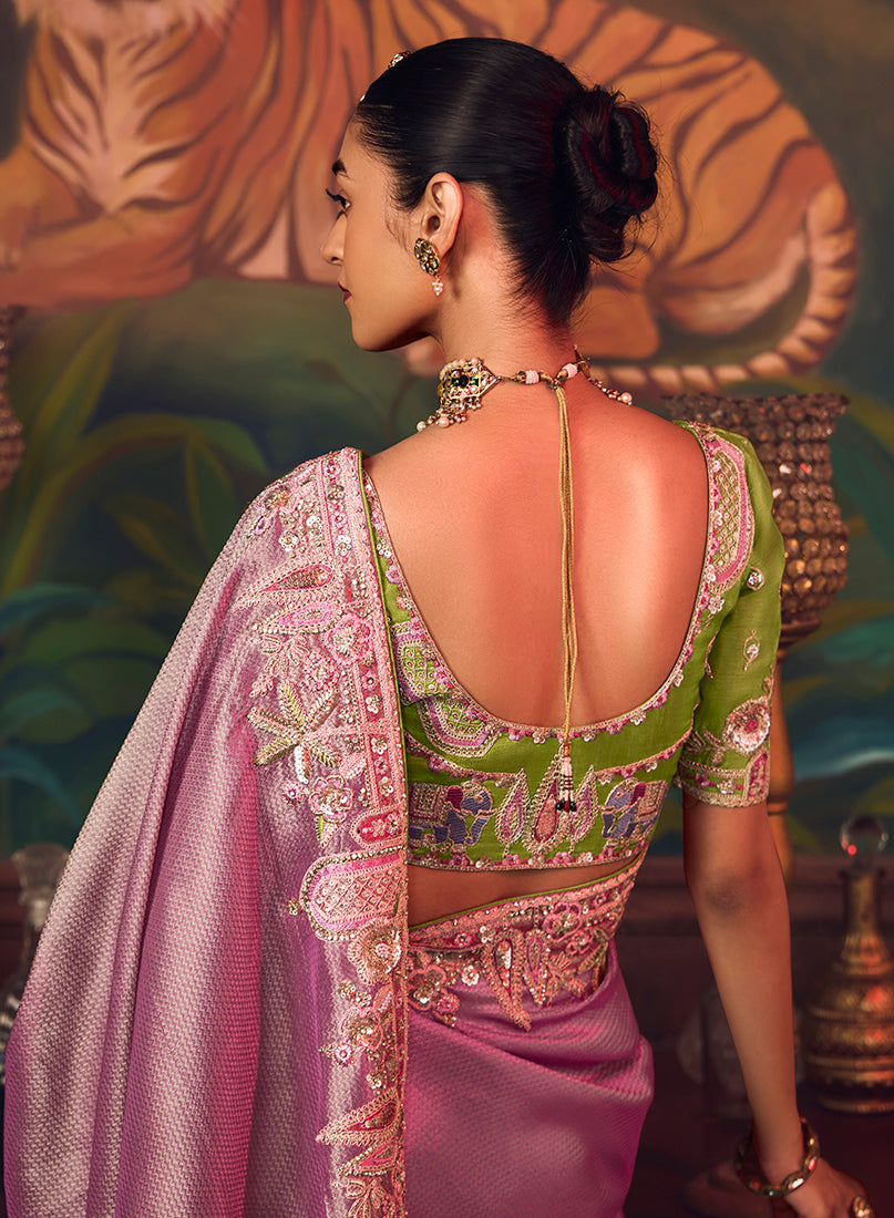 Onion Pink Zari Woven Silk Blend Embroidered Saree For Wedding Wear - Monjolika Fashion