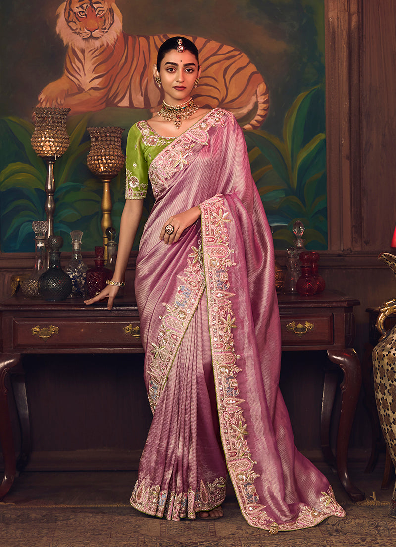 Onion Pink Zari Woven Silk Blend Embroidered Saree For Wedding Wear - Monjolika Fashion