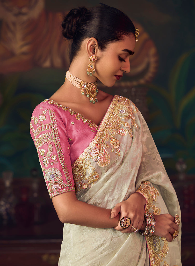 Off White Zari Woven Silk Blend Embroidered Saree - Monjolika Fashion