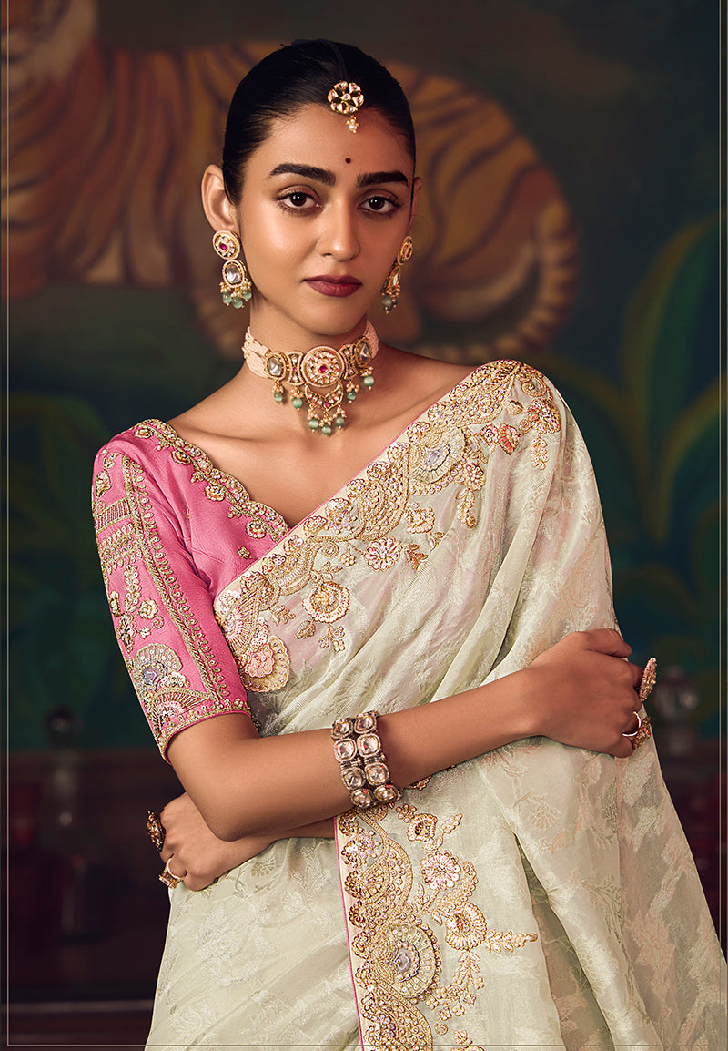 Off White Zari Woven Silk Blend Embroidered Saree - Monjolika Fashion