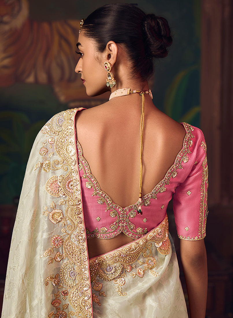Off White Zari Woven Silk Blend Embroidered Saree - Monjolika Fashion