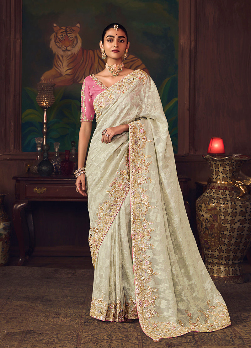 Off White Zari Woven Silk Blend Embroidered Saree - Monjolika Fashion