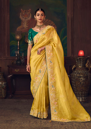 Yellow Zari Woven Silk Blend Embroidered Saree