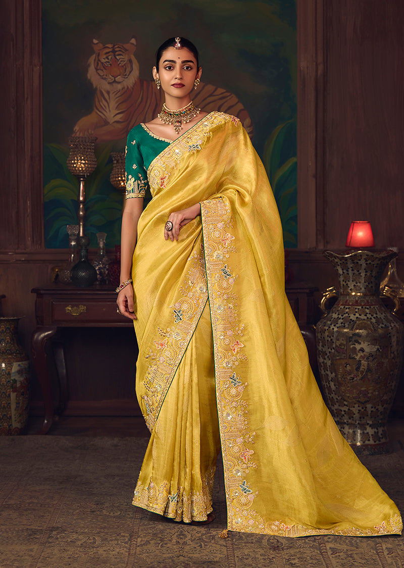 Yellow Zari Woven Silk Blend Embroidered Saree - Monjolika Fashion
