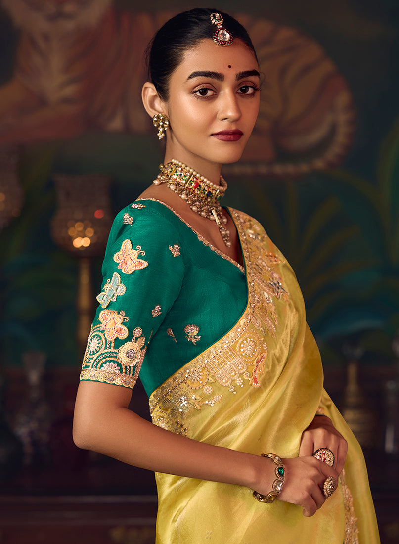 Yellow Zari Woven Silk Blend Embroidered Saree - Monjolika Fashion
