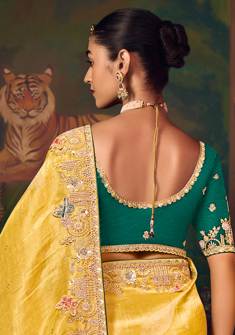 Yellow Zari Woven Silk Blend Embroidered Saree - Monjolika Fashion
