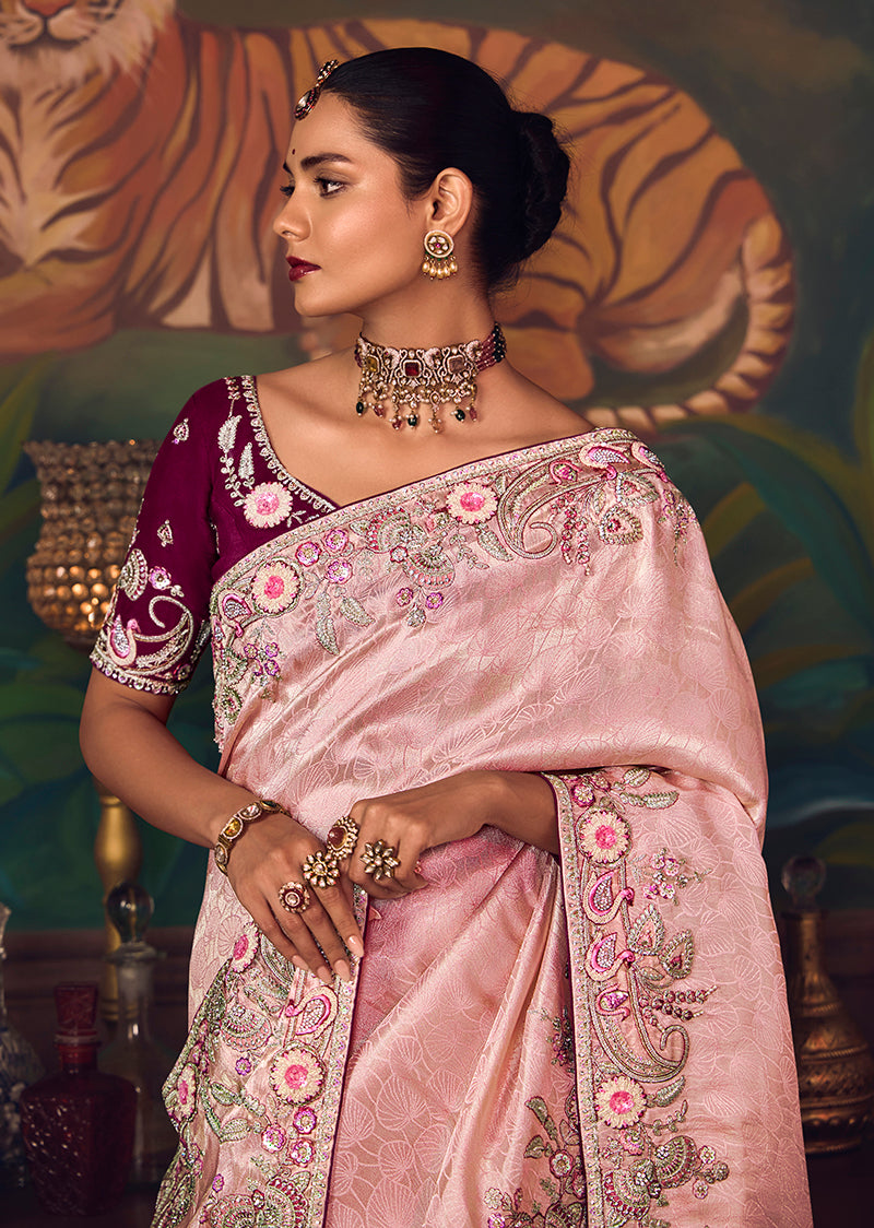 Light Pink Zari Woven Silk Blend Embroidered Saree - Monjolika Fashion
