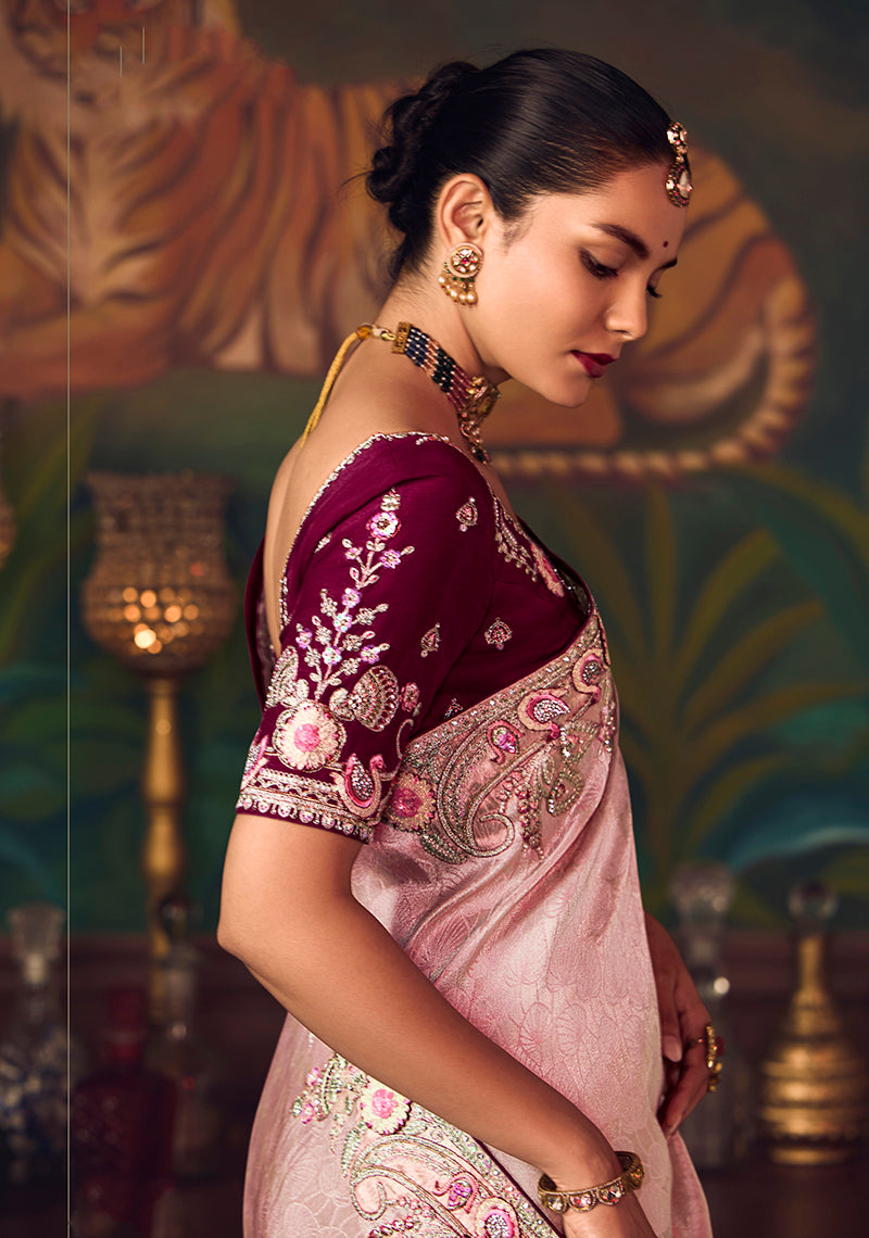 Light Pink Zari Woven Silk Blend Embroidered Saree - Monjolika Fashion