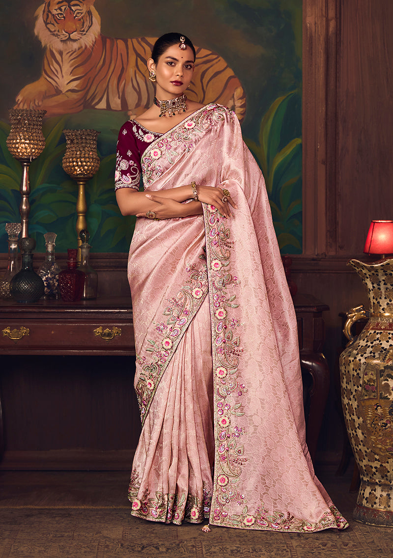 Light Pink Zari Woven Silk Blend Embroidered Saree - Monjolika Fashion