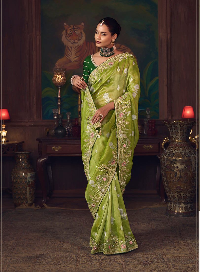 Parrot Green Zari Woven Silk Blend Embroidered Saree - Monjolika Fashion