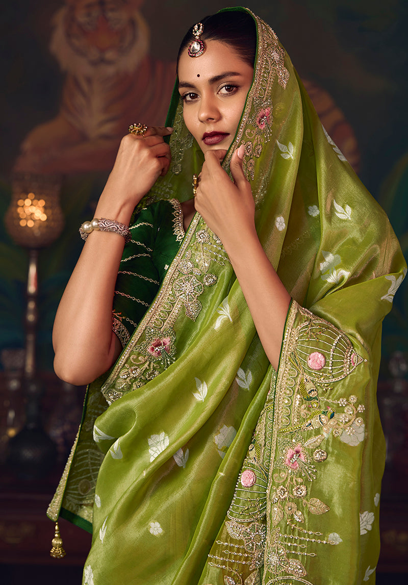 Parrot Green Zari Woven Silk Blend Embroidered Saree - Monjolika Fashion