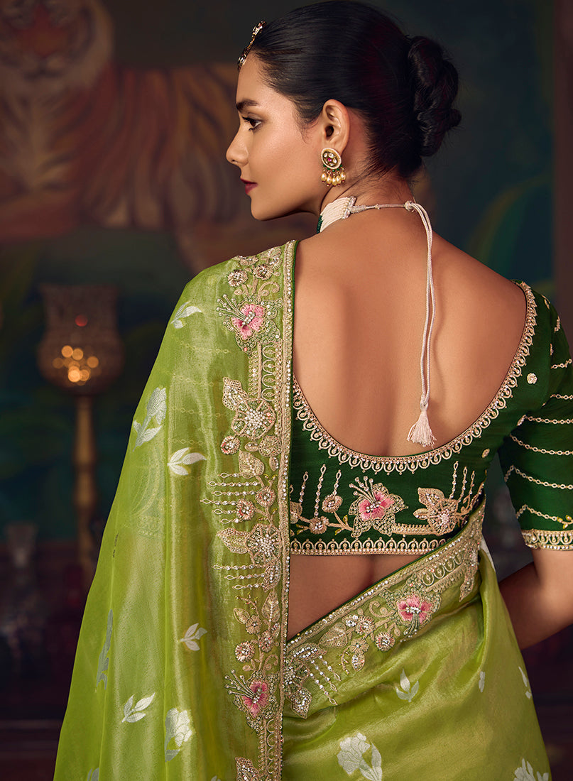 Parrot Green Zari Woven Silk Blend Embroidered Saree - Monjolika Fashion
