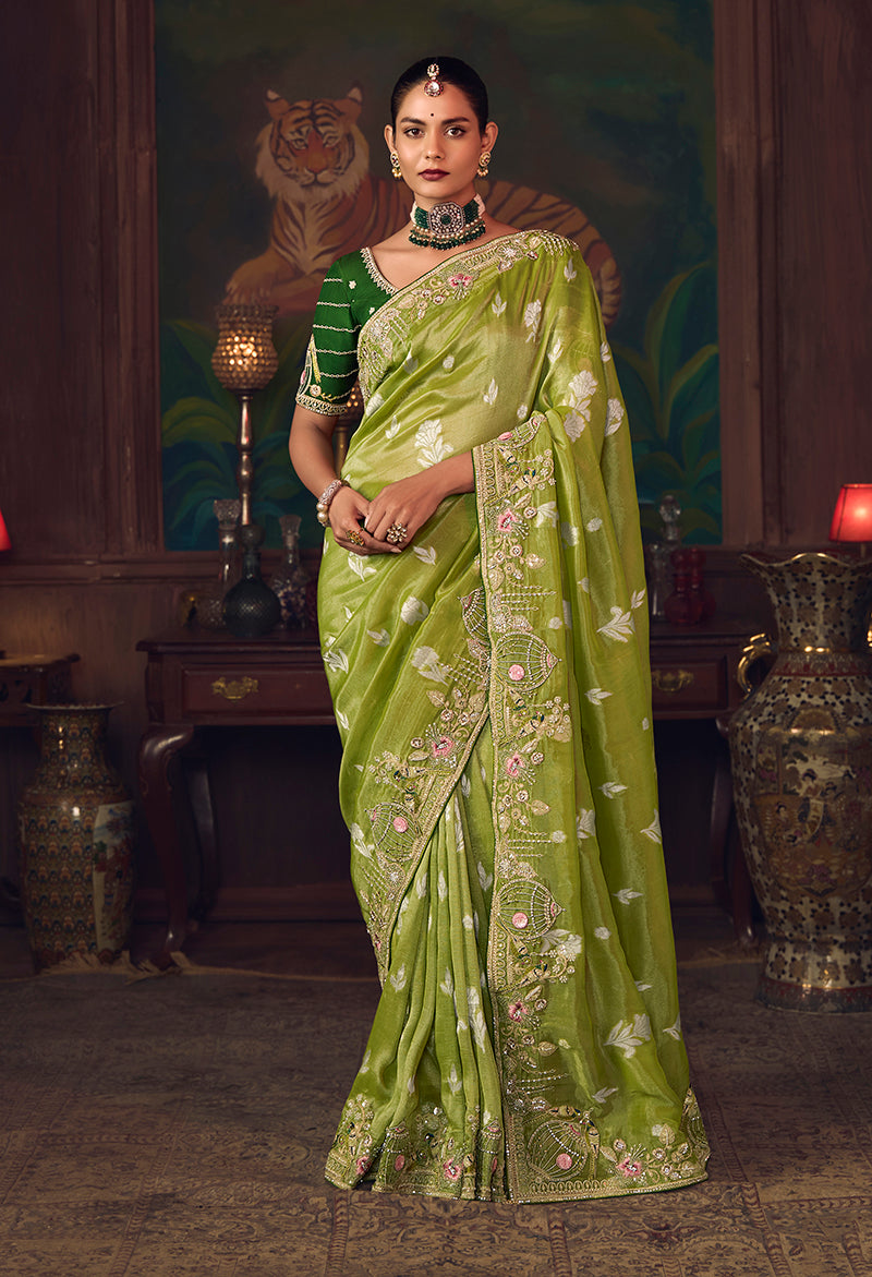 Parrot Green Zari Woven Silk Blend Embroidered Saree - Monjolika Fashion