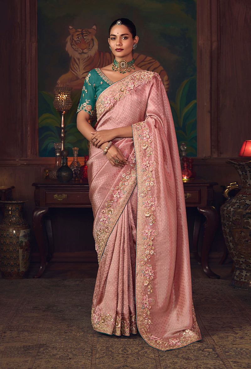Pink Zari Woven Silk Blend Embroidered Saree - Monjolika Fashion