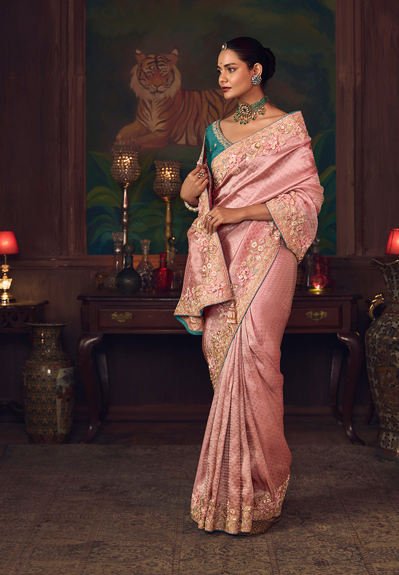 Pink Zari Woven Silk Blend Embroidered Saree - Monjolika Fashion