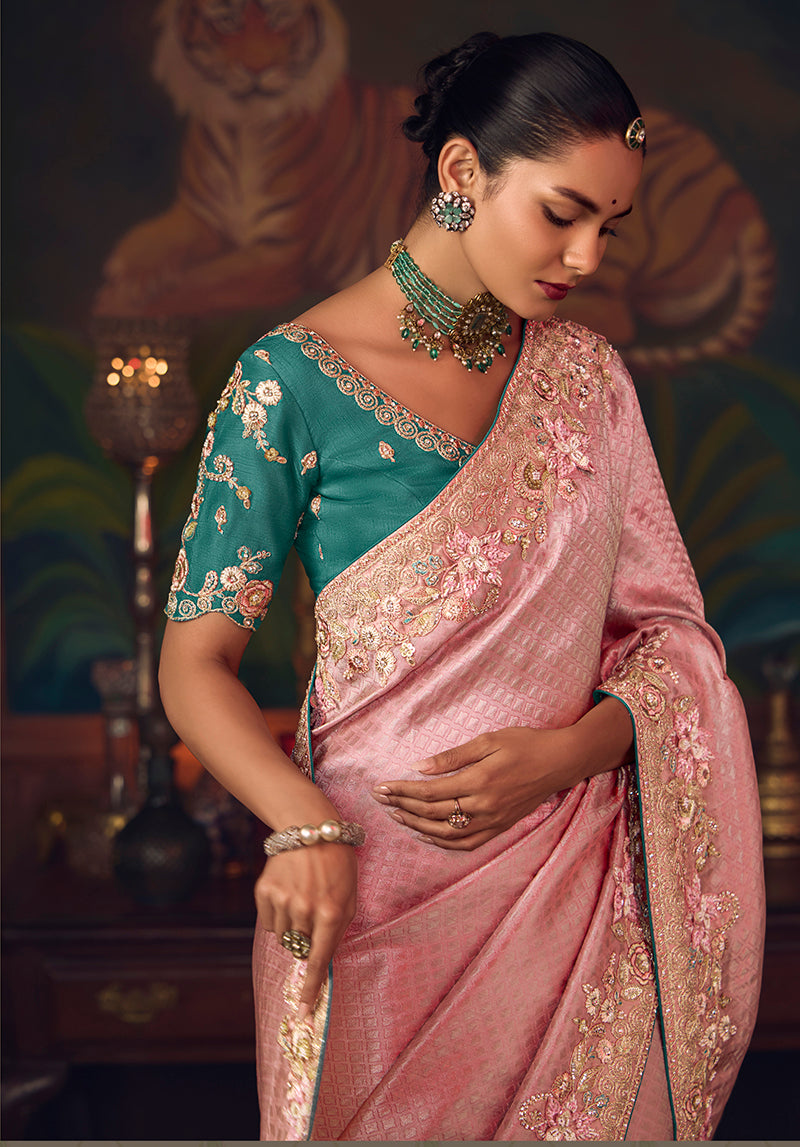 Pink Zari Woven Silk Blend Embroidered Saree - Monjolika Fashion