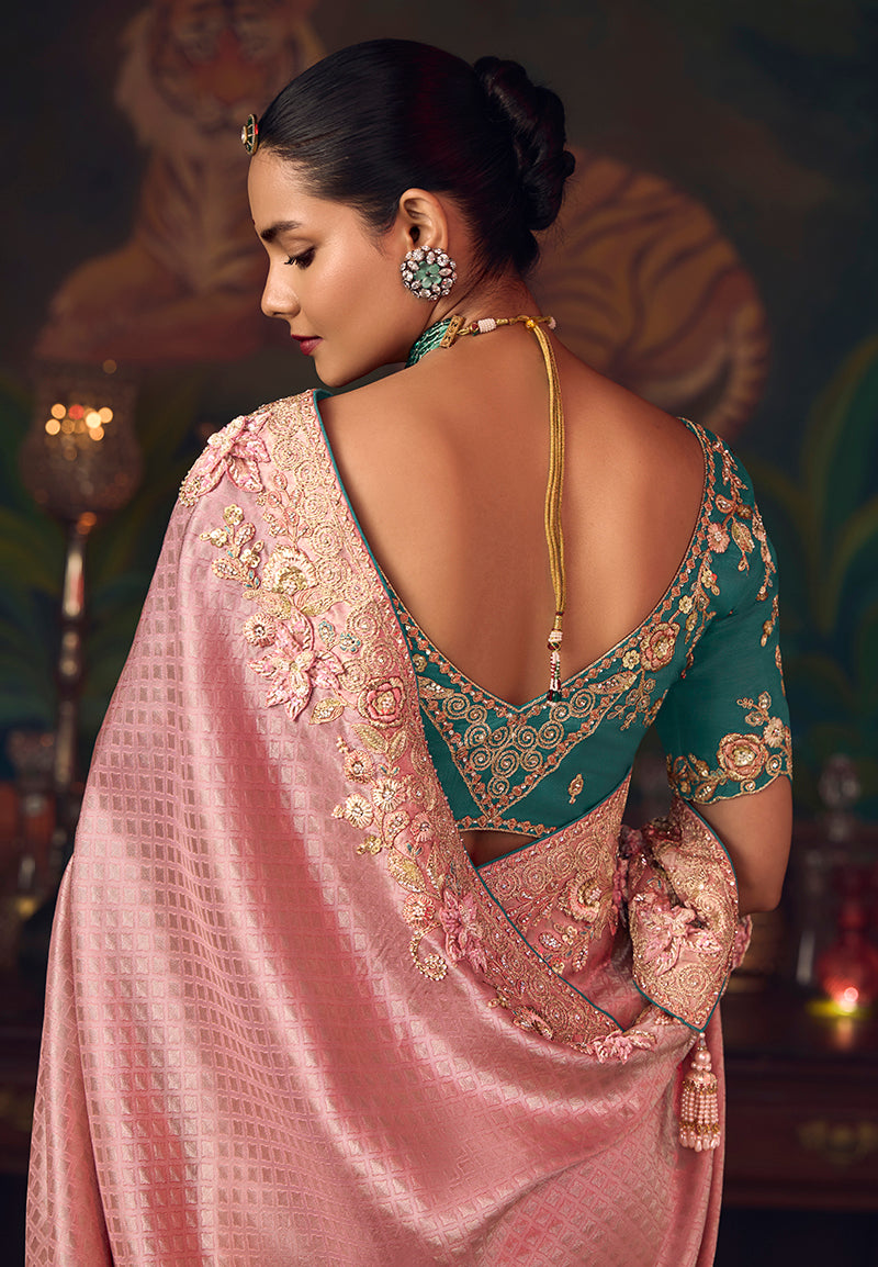 Pink Zari Woven Silk Blend Embroidered Saree - Monjolika Fashion