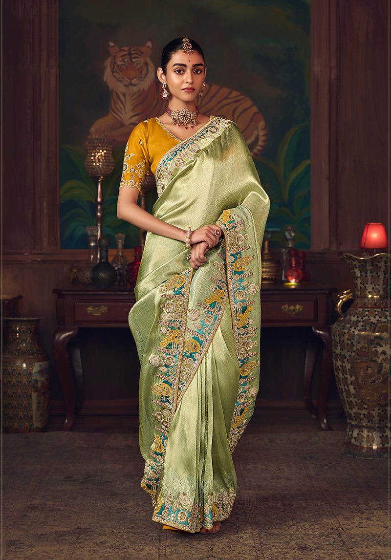 Light Green Zari Woven Silk Blend Embroidered Saree - Monjolika Fashion