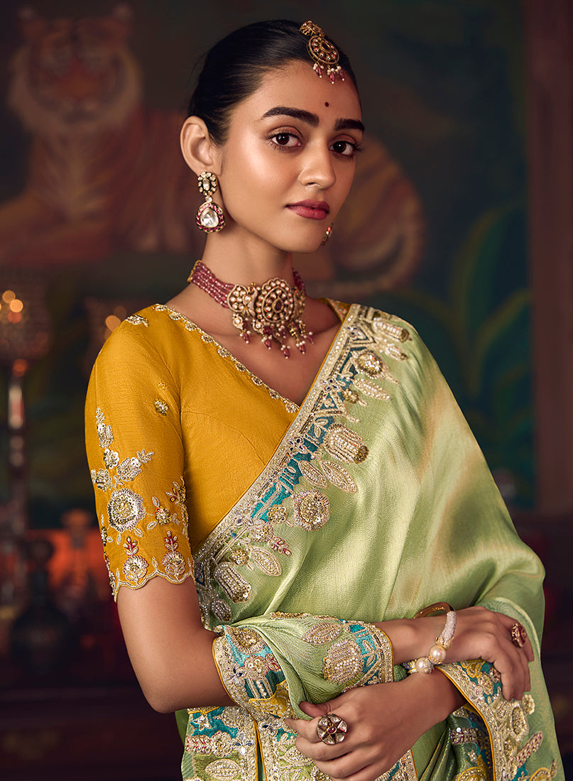 Light Green Zari Woven Silk Blend Embroidered Saree - Monjolika Fashion
