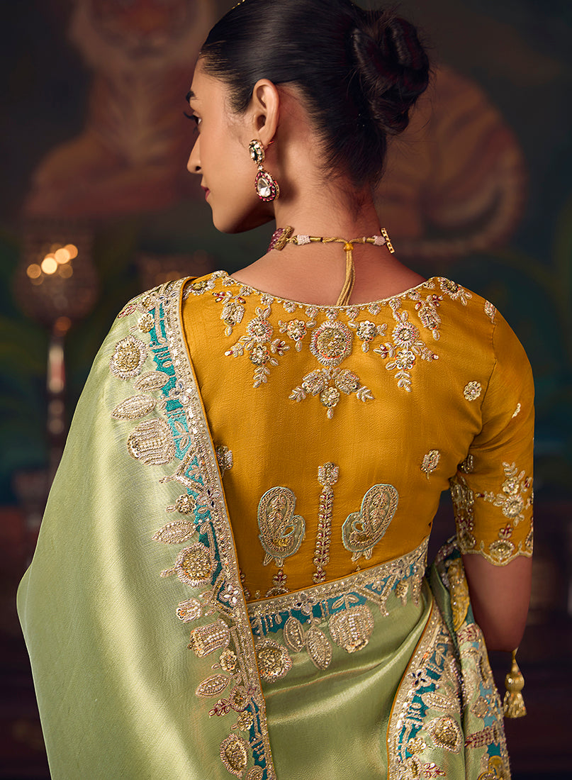 Light Green Zari Woven Silk Blend Embroidered Saree - Monjolika Fashion