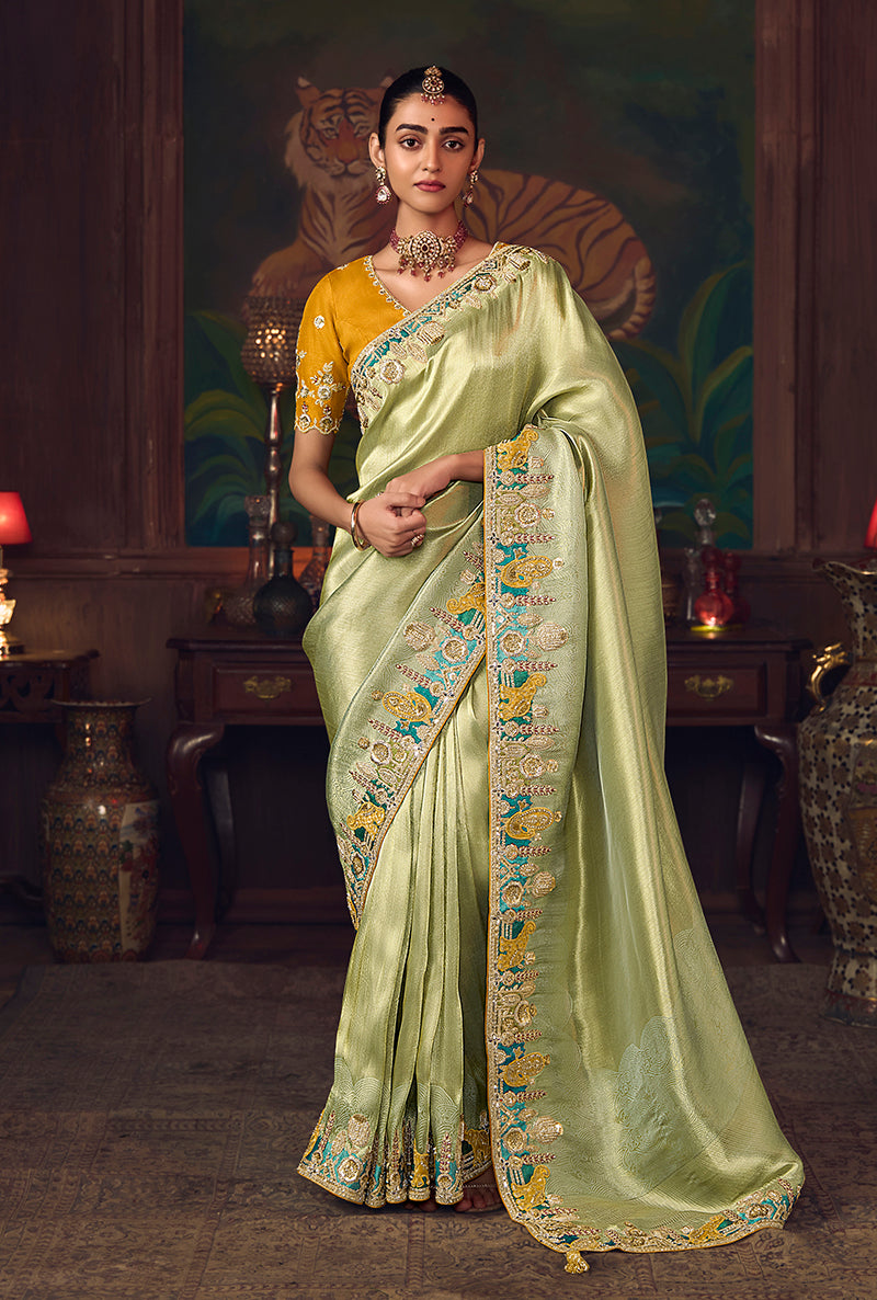 Light Green Zari Woven Silk Blend Embroidered Saree - Monjolika Fashion