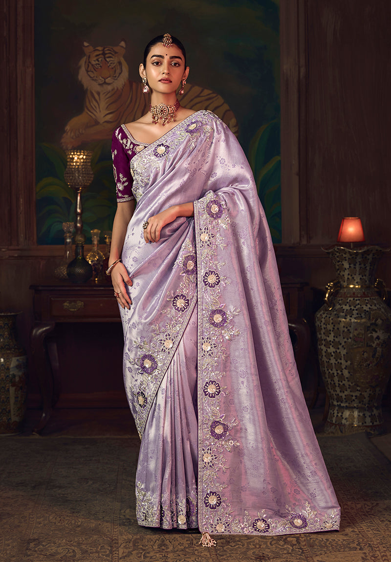 Lavender Zari Woven Silk Blend Embroidered Saree - Monjolika Fashion