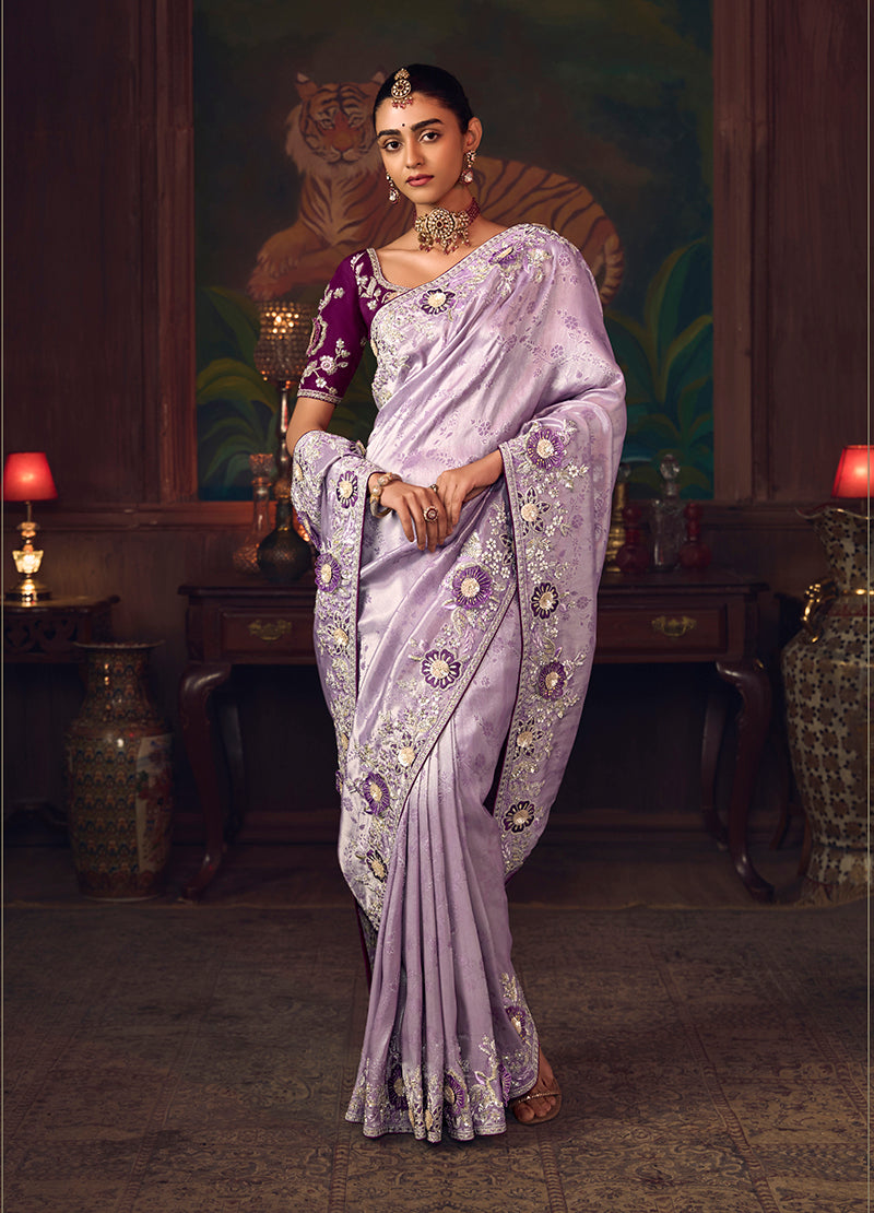 Lavender Zari Woven Silk Blend Embroidered Saree - Monjolika Fashion
