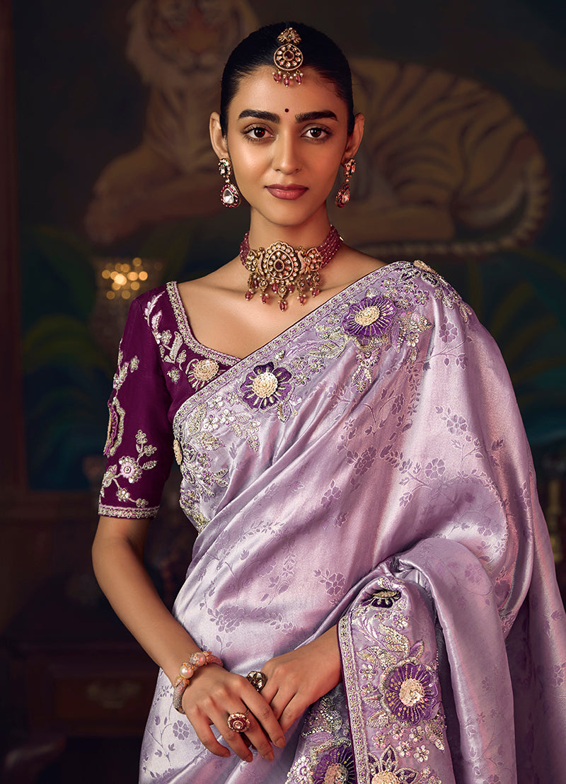 Lavender Zari Woven Silk Blend Embroidered Saree - Monjolika Fashion
