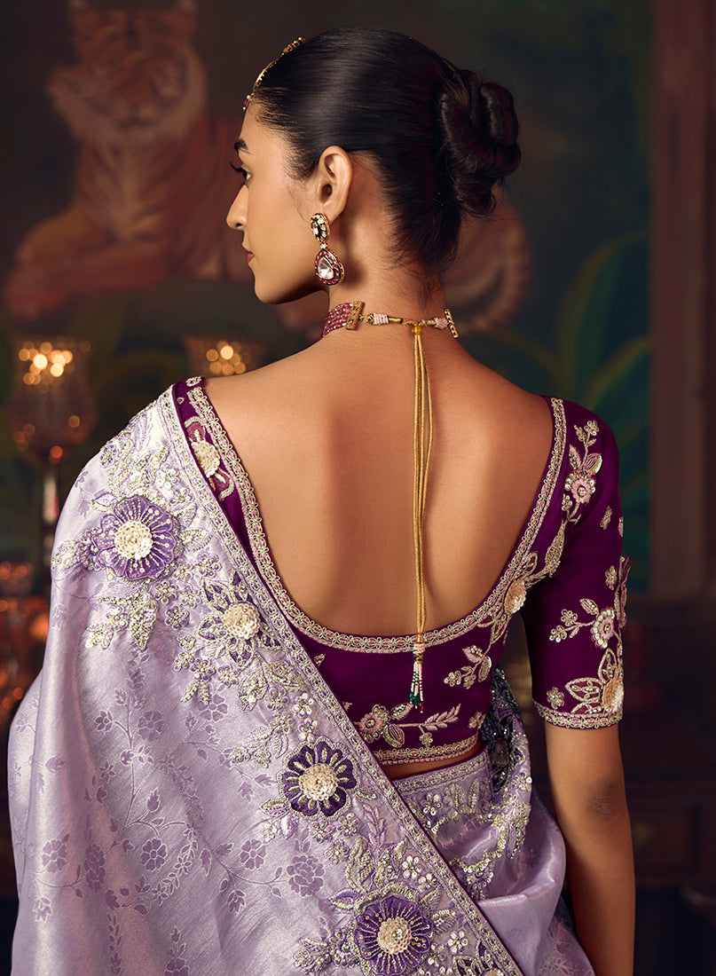 Lavender Zari Woven Silk Blend Embroidered Saree - Monjolika Fashion