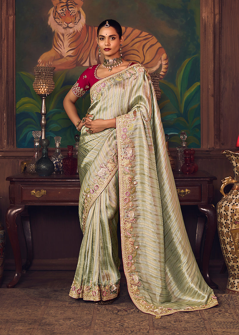 Sea Green Zari Woven Silk Blend Embroidered Saree - Monjolika Fashion