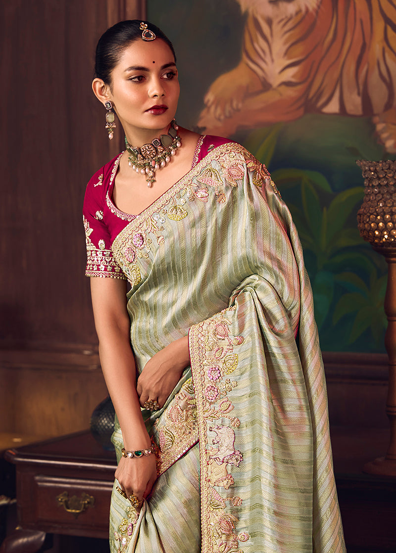 Sea Green Zari Woven Silk Blend Embroidered Saree - Monjolika Fashion