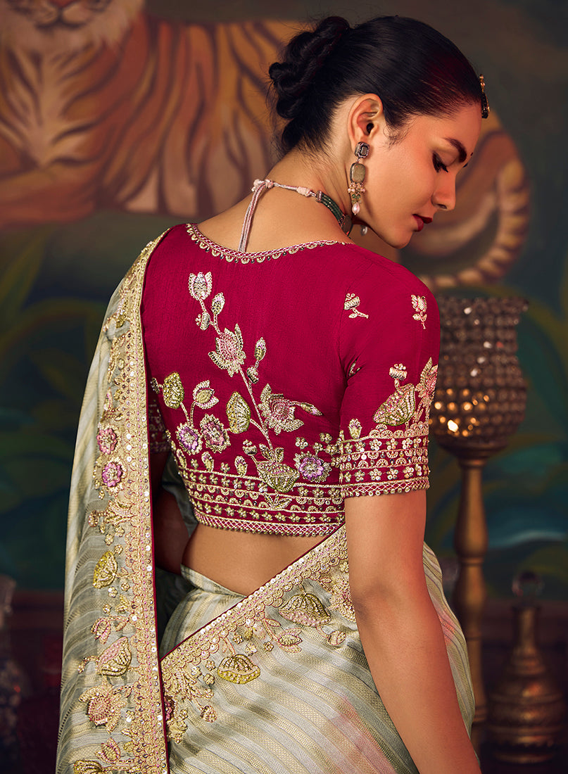 Sea Green Zari Woven Silk Blend Embroidered Saree - Monjolika Fashion