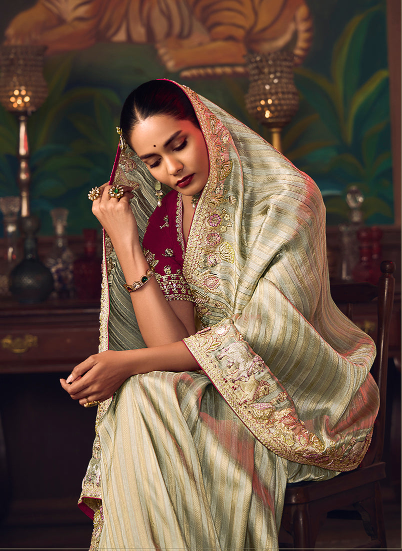 Sea Green Zari Woven Silk Blend Embroidered Saree - Monjolika Fashion