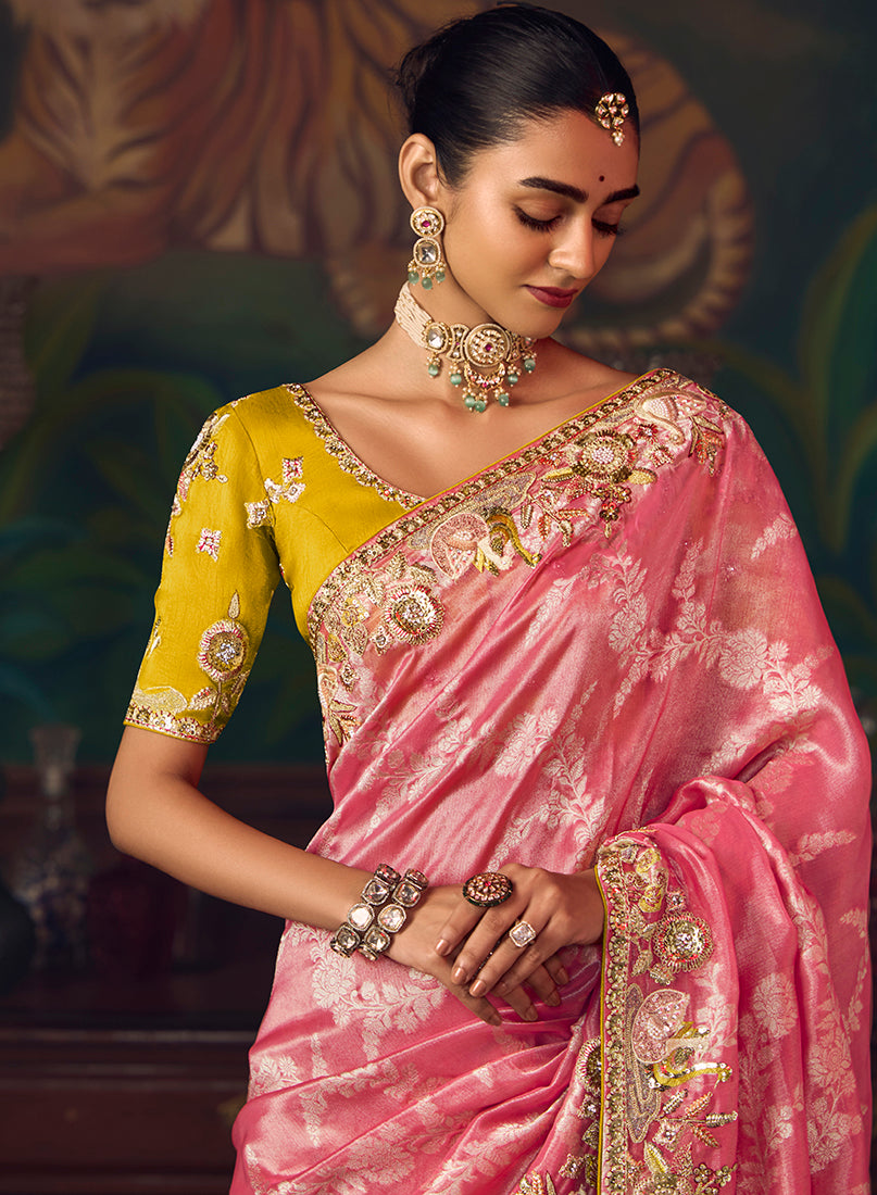 Coral Pink Zari Woven Silk Blend Embroidered Saree - Monjolika Fashion