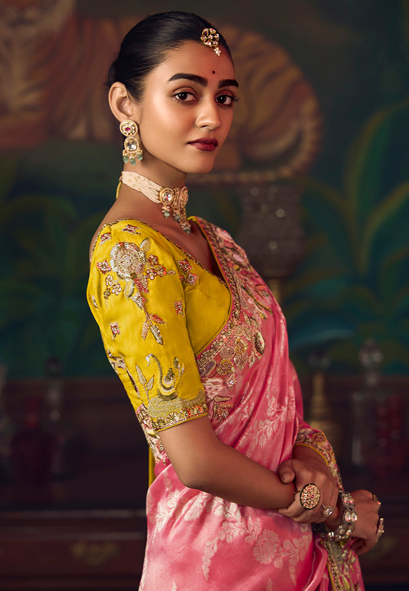 Coral Pink Zari Woven Silk Blend Embroidered Saree - Monjolika Fashion