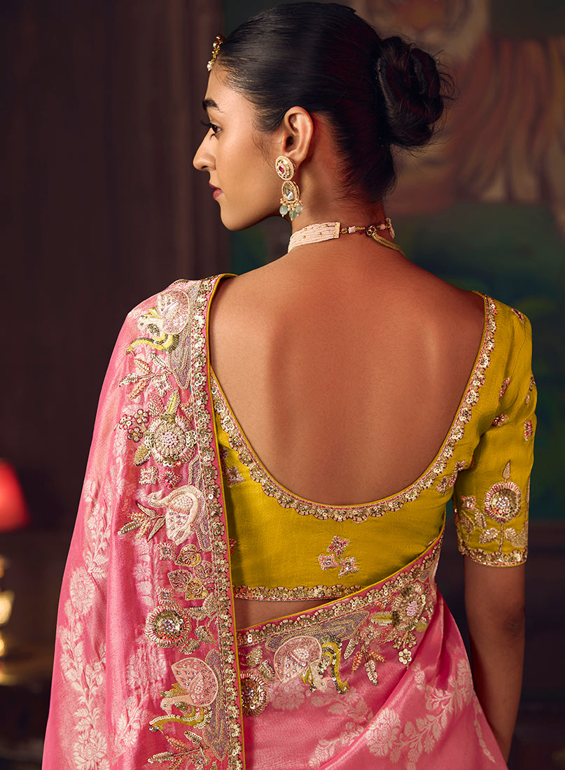 Coral Pink Zari Woven Silk Blend Embroidered Saree - Monjolika Fashion