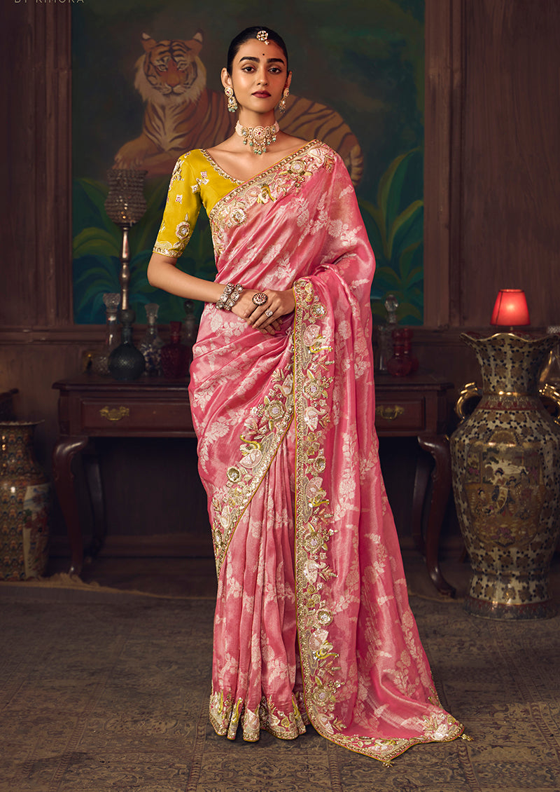 Coral Pink Zari Woven Silk Blend Embroidered Saree - Monjolika Fashion