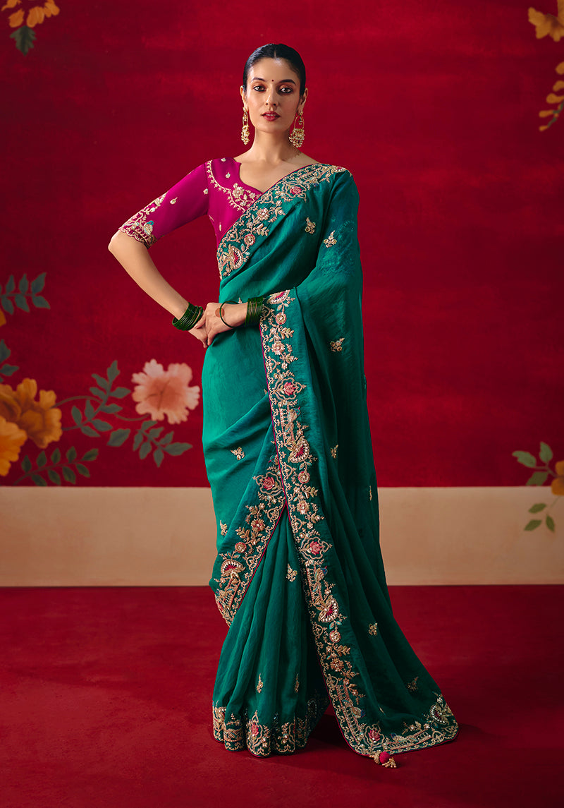 Teal Fancy Fabric Embroidered Thread Work Classic Saree - Monjolika Fashion