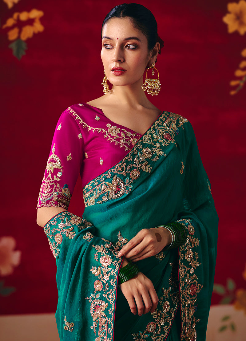 Teal Fancy Fabric Embroidered Thread Work Classic Saree - Monjolika Fashion