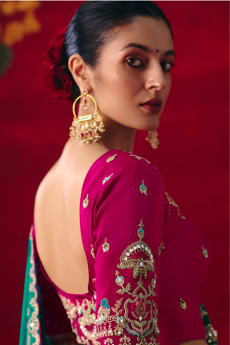 Teal Fancy Fabric Embroidered Thread Work Classic Saree - Monjolika Fashion