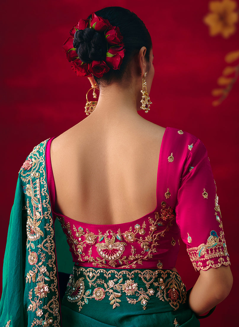 Teal Fancy Fabric Embroidered Thread Work Classic Saree - Monjolika Fashion