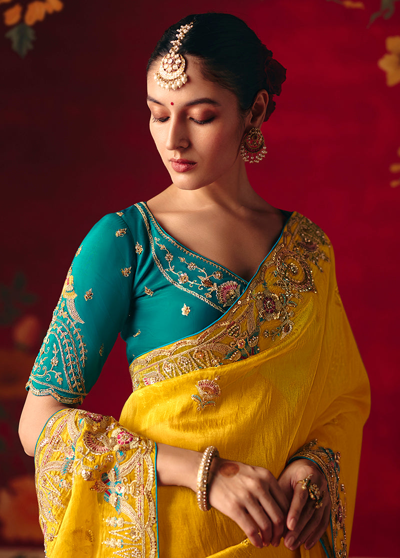 Yellow Fancy Fabric Embroidered Thread Work Classic Saree - Monjolika Fashion